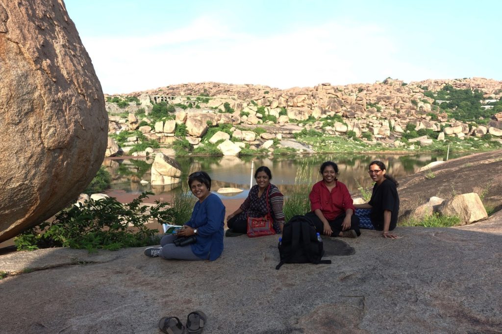 Team F5 relaxing after bird watching. Left to right: Kobita, me, Arati and Bhagya. 