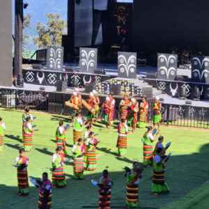 A group of dancers in colorful traditional Naga attire performing on a green field in front of a stage decorated with tribal motifs.